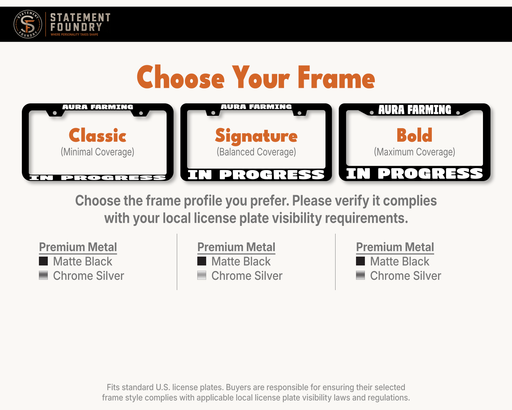 Aura Farming license plate frame showing Classic, Signature, and Bold frame options