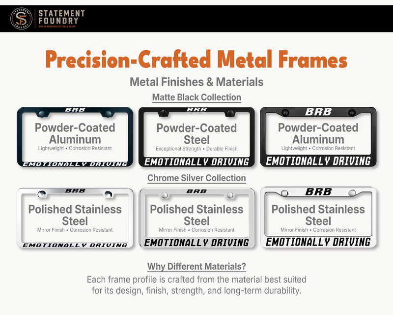 BRB Emotionally Driving license plate frame showing metal frame materials and finishes