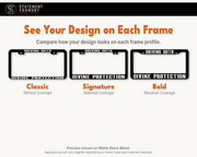 Driving With Divine Protection design shown on Classic, Signature, and Bold metal license plate frames