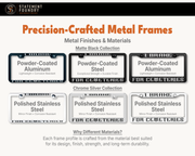 I Brake for Cemeteries license plate frame showing metal frame materials and finishes