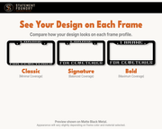 I Brake for Cemeteries design shown on Classic, Signature, and Bold metal license plate frames