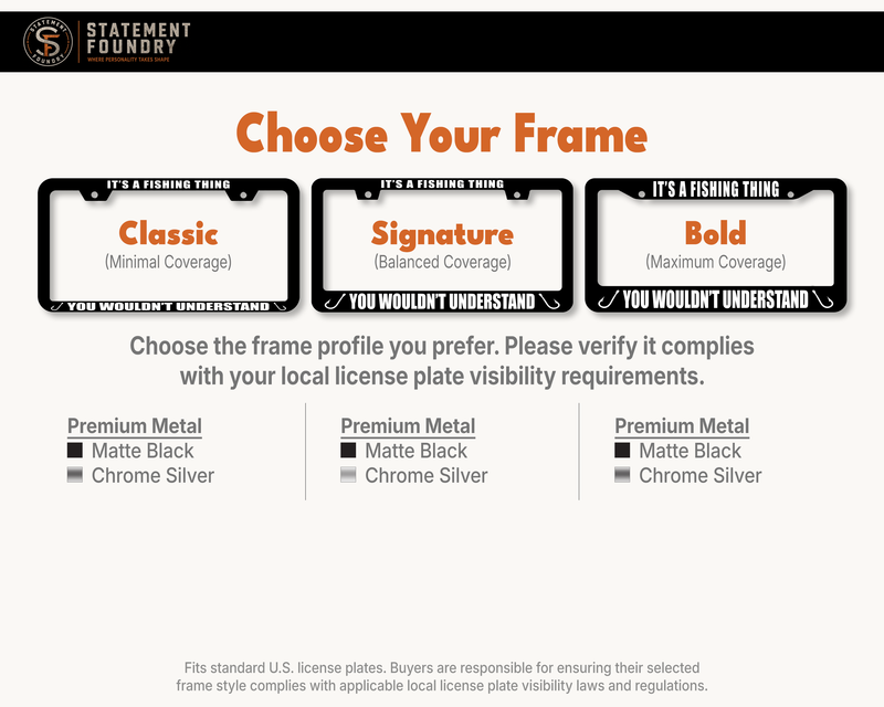 It’s a Fishing Thing You Wouldn’t Understand license plate frame showing Classic, Signature, and Bold frame options.