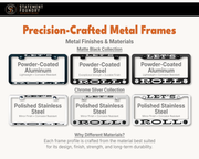 Let's Roll license plate frame showing metal frame materials and finishes