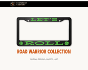 Let's Roll license plate frame with bold road-trip design and rolling dice