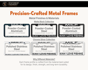 MILF Man I Love Fishing license plate frame showing metal frame materials and finishes