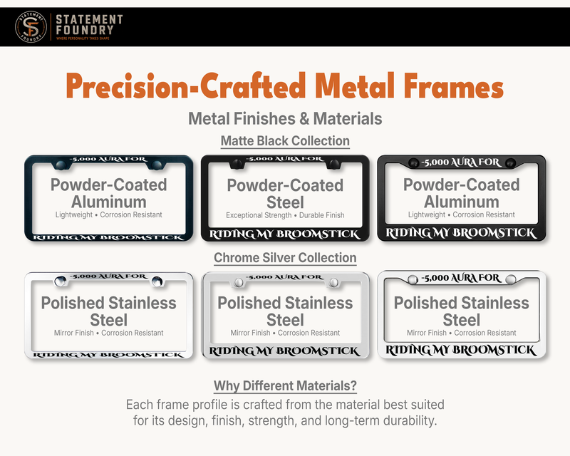 -5,000 Aura for Riding My Broomstick license plate frame showing metal frame materials and finishes