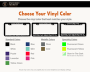 -5,000 Aura for Riding My Broomstick license plate frame showing available vinyl decal color options