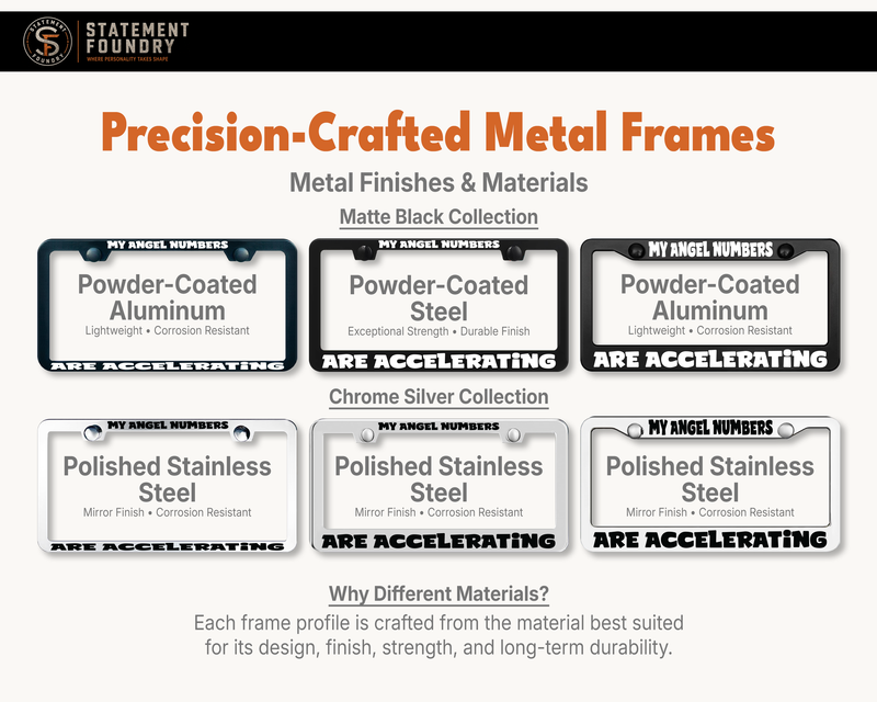My Angel Numbers Are Accelerating license plate frame showing metal frame materials and finishes