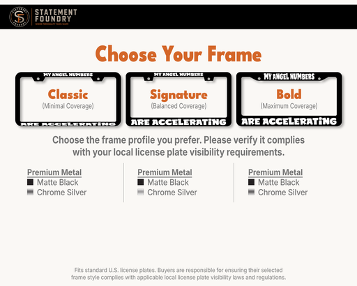 My Angel Numbers Are Accelerating license plate frame showing Classic, Signature, and Bold frame options