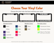 My Angel Numbers Are Accelerating license plate frame showing available vinyl decal color options