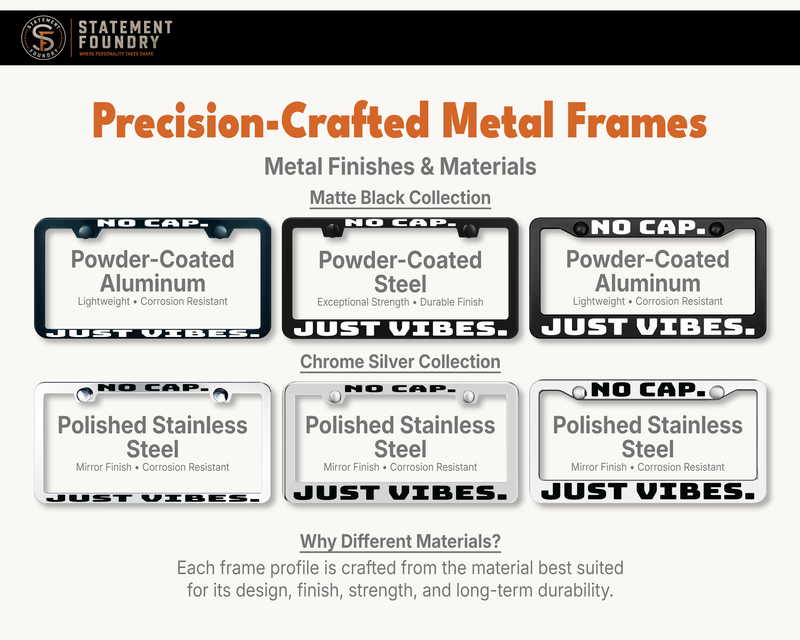 No Cap Just Vibes license plate frame showing metal frame materials and finishes