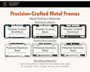 Reel Women Fly Fish license plate frame showing metal frame materials and finishes.