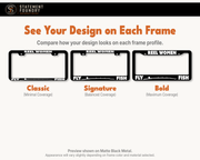 Reel Women Fly Fish license plate frame showing Classic, Signature, and Bold frame options.